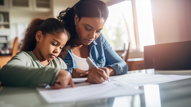 Photo mother and daughter sign a contract created with generative ai technology