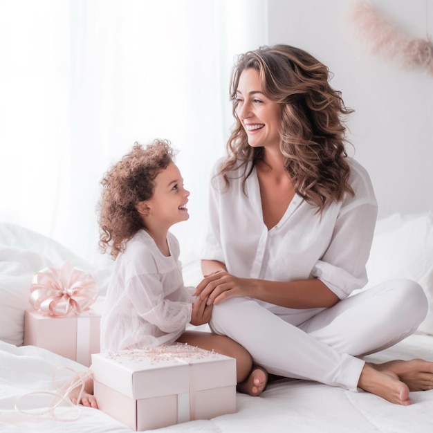 A mother and daughter sit on a bed and smile at the camera