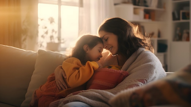 A mother and daughter sit on a couch, hugging each other.