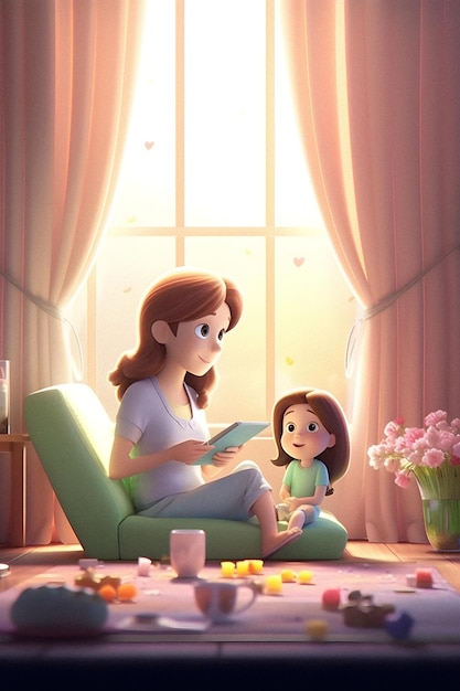 A mother and daughter sit on a couch reading a book.