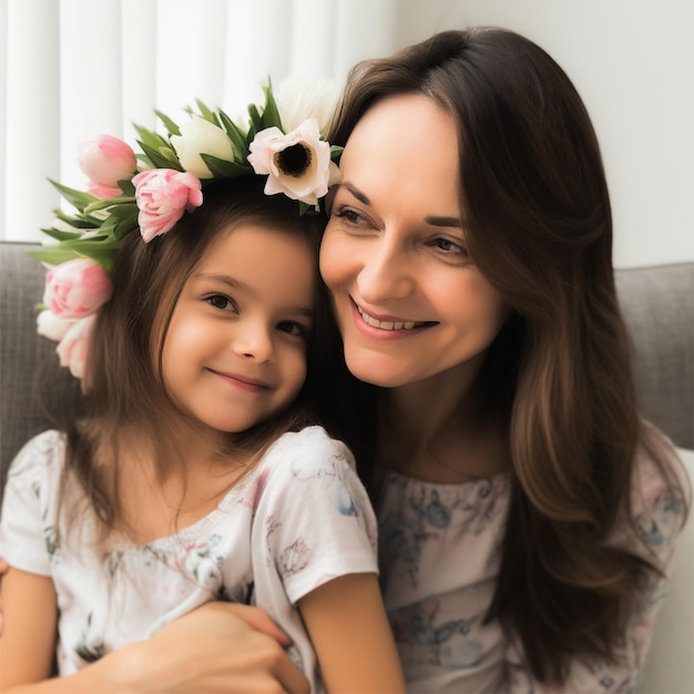 Foto una madre e una figlia si siedono su un divano e sorridono alla telecamera.