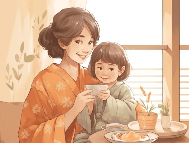 A mother and daughter sit at a table and drink tea.