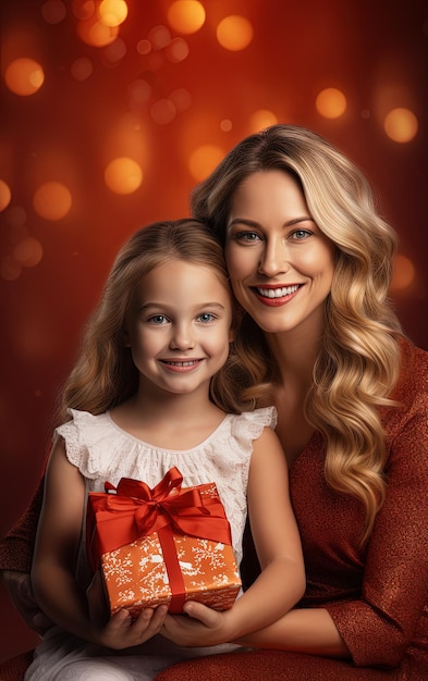 Mother and daughter sitting under the Christmas tree with gifts during winter holidays Generated AI