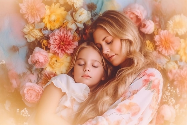 花を背景にベッドで眠る母と娘
