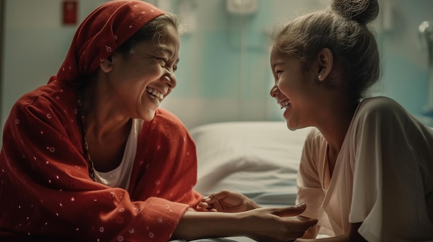 A mother and daughter smile and laugh together in a hospital bed