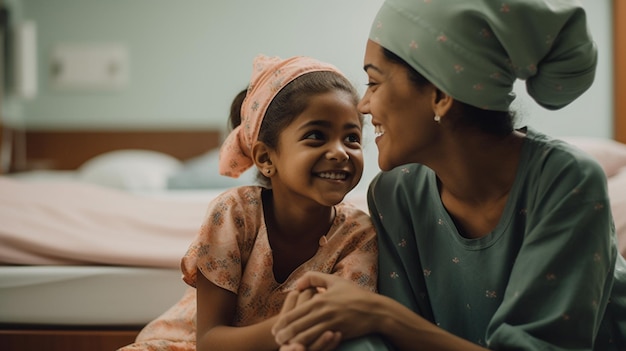 A mother and daughter smile and laugh together in a hospital bed