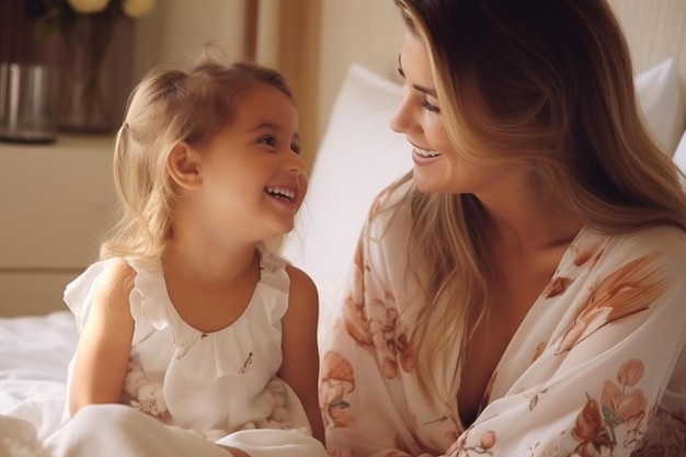 a mother and daughter smiling on a bed