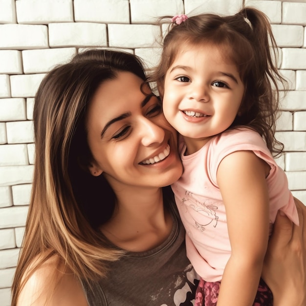 Foto una madre e una figlia che sorridono e abbracciano.