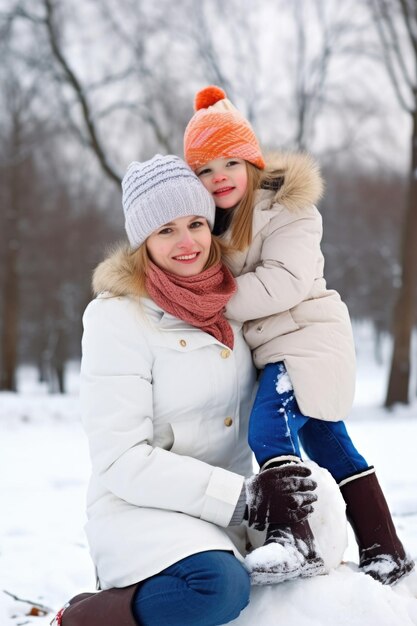 Mother and daughter on snowman in winter happy and fun family outdoors created with generative ai