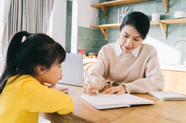 家で勉強している母と娘