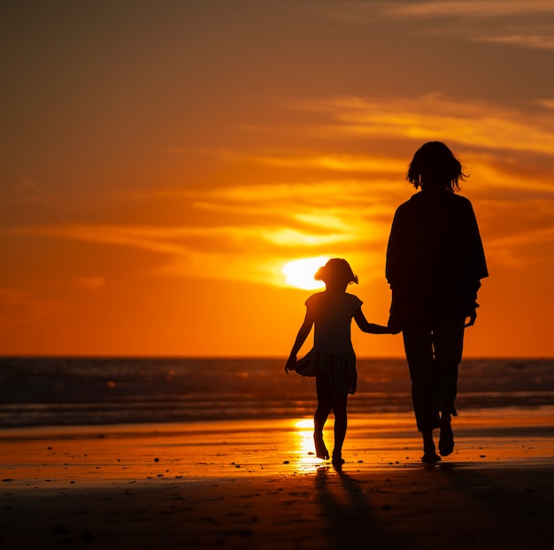 Mother and Daughter Sunset Silhouette