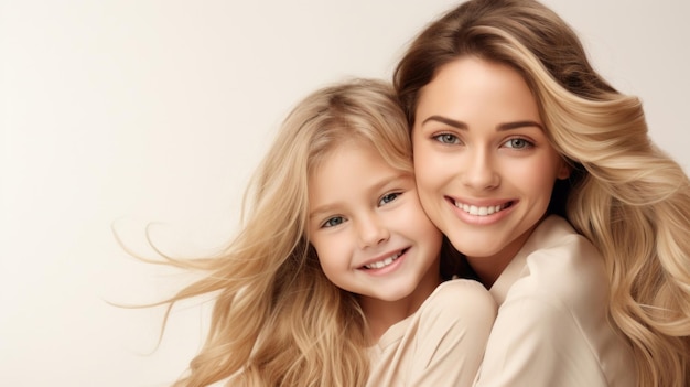 Mother and daughter together isolated against a pastel wall