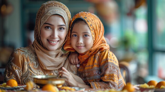 Mother and daughter in traditional Muslim attire Family and cultural heritage concept