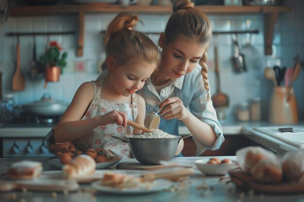 Mother and daughter trying out a new recipe in the