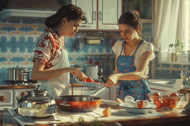 Mother and daughter trying out a new recipe in the