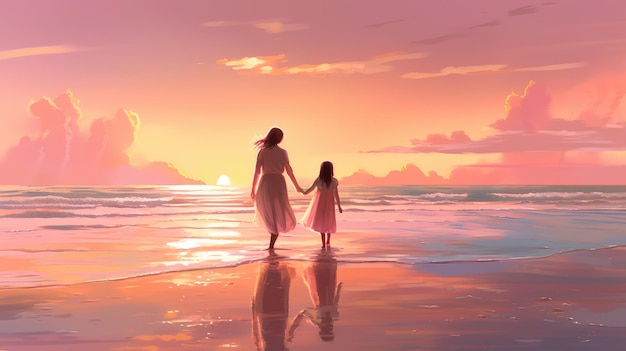 A mother and daughter walk on the beach.