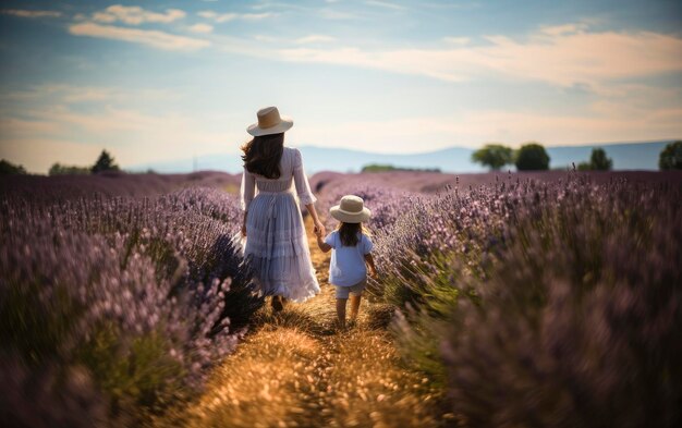 mother and daughter walk in a lavender field on a sunny day