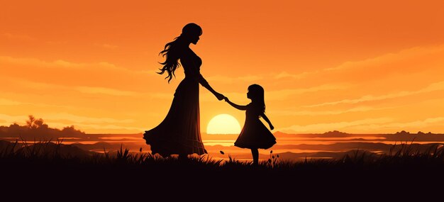Photo mother and daughter walking on the beach at sunset vector illustration