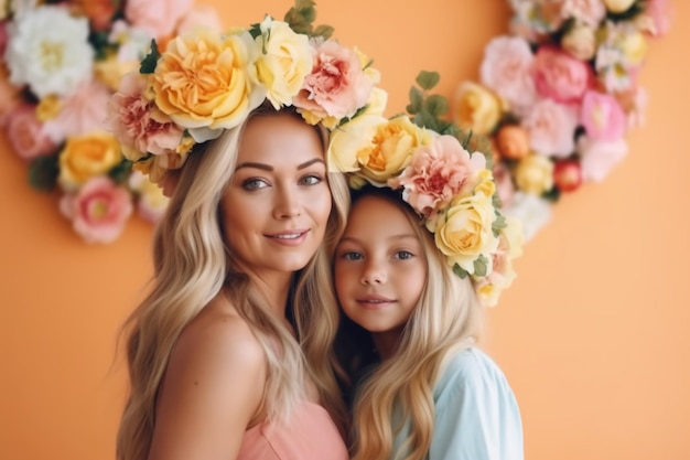 Mother and daughter wearing flower crowns in front of a wall with flowers