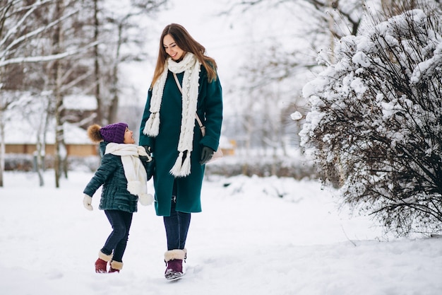 Mother and daughter in winter park