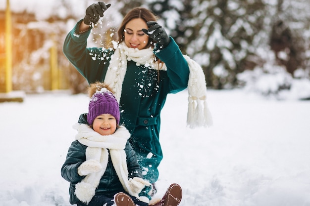 Mother and daughter in winter park