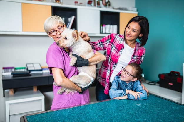 Mother and daughter with their dog at veterinary.