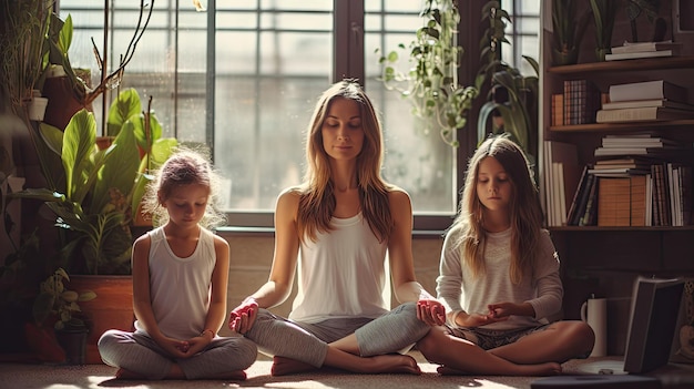 Photo mother and daughter do yoga at home