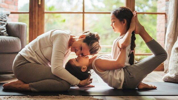 Mother and daughter yoga at home