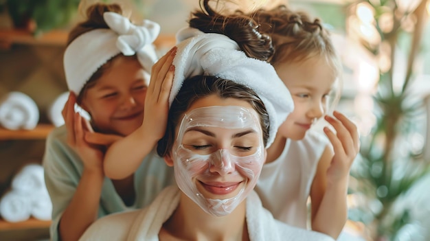 Mother and daughters are doing beauty treatments at home They are all wearing white bathrobes and have towels on their heads