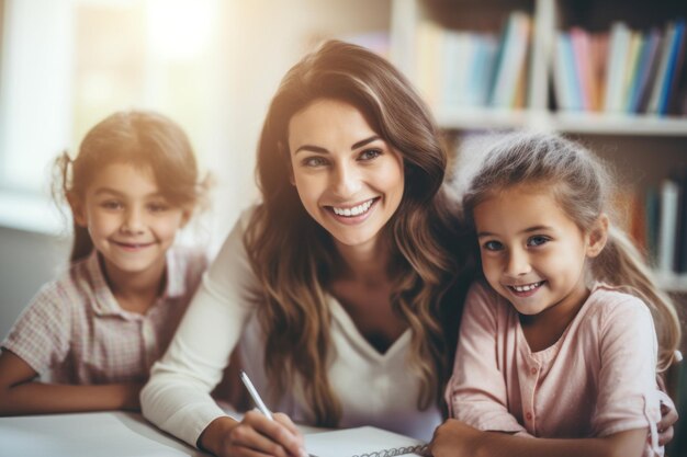 Mother and daughters bonding while studying at home