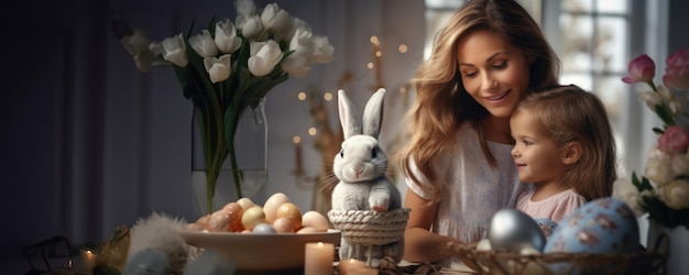 A Mother and Daughters Special Moment with a Bunny Rabbit Figurine