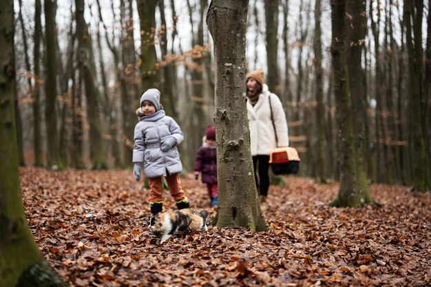 Madre e figlie che camminano con il gatto viaggiano in gabbia di plastica all'aperto in legno