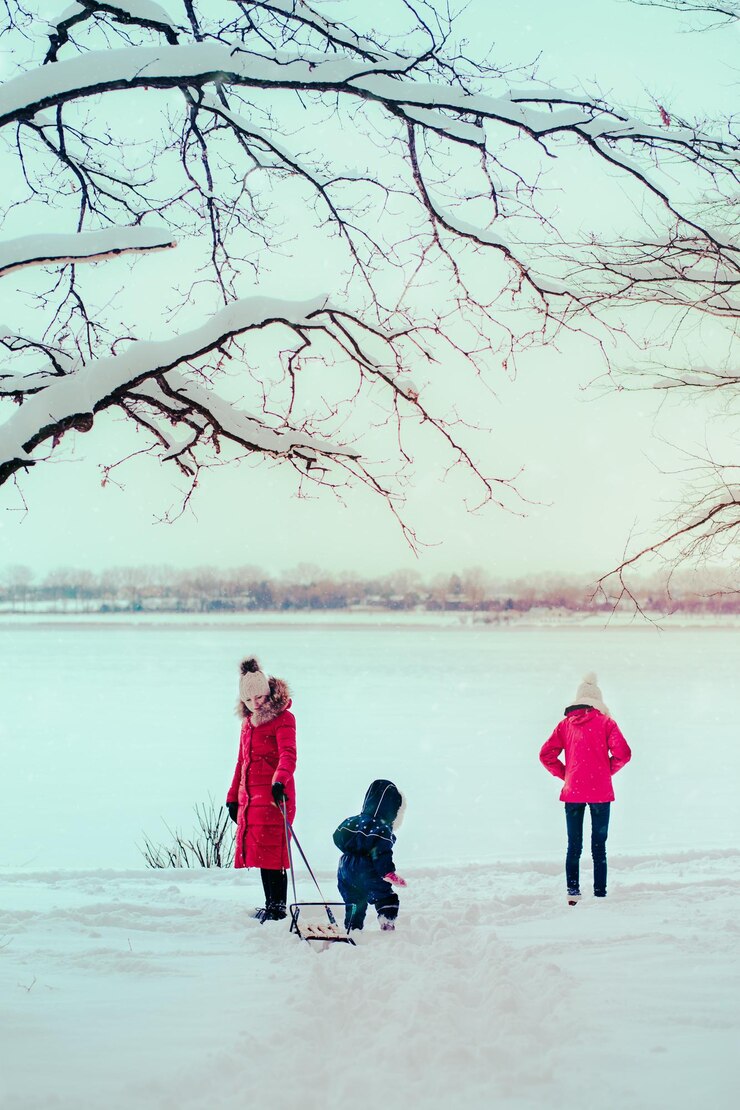 Photo mother and daughters wearing warm clothing playing in snow during winter