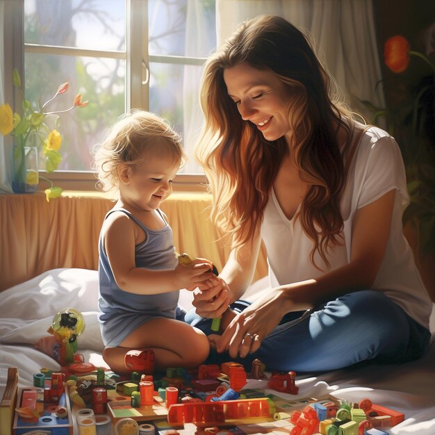 Mother day mother playing with the baby using toys