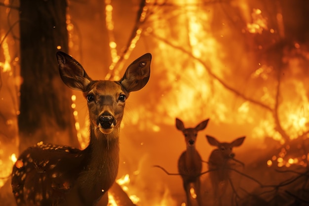 Mother deer with fawns escaping a forest fire Concept of forest fire danger