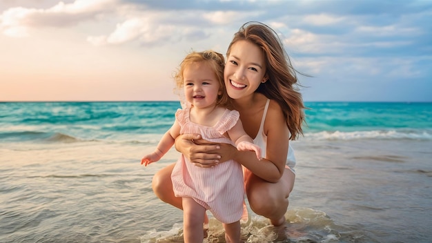 Photo mother and doughter having fun on the on the beach warm sunset colors