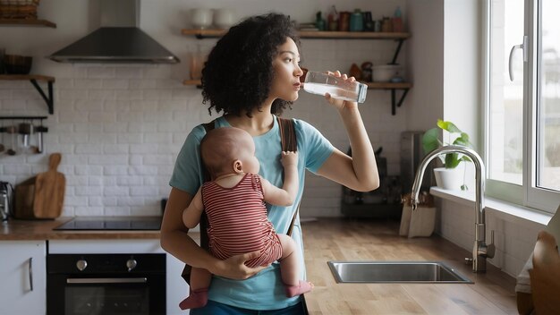 Mother drinking water while carrying baby in kitchen