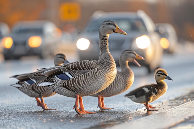 Mother Duck and Ducklings Crossing a Road