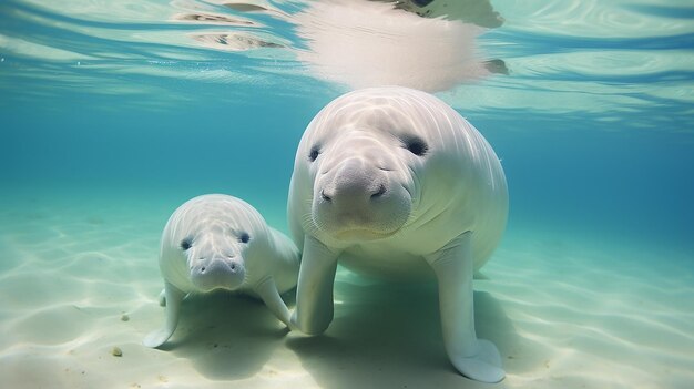 Photo mother dugong teaches baby dugong to float