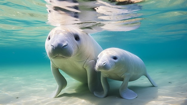 Mother Dugong Teaches Baby Dugong to Swim