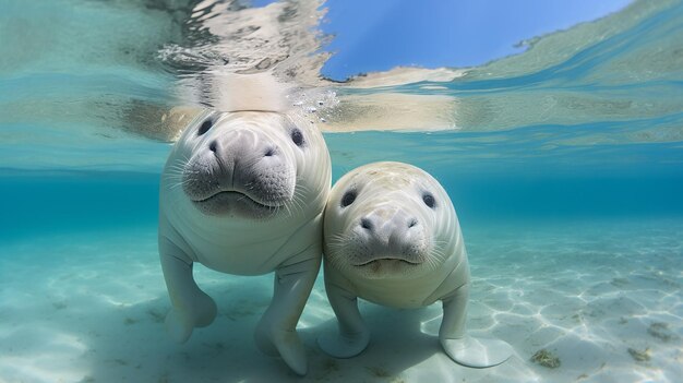 Foto la madre dugong insegna a nuotare al bambino dugong