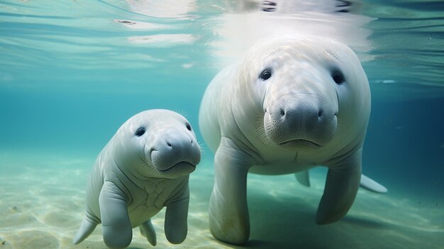 Foto la madre dugong insegna al bambino dugong a nuotare