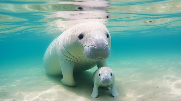 Photo mother dugong teaches baby dugong to swim