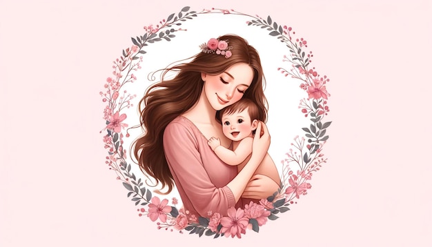 Mother Embraces Baby Pink Floral Wreath