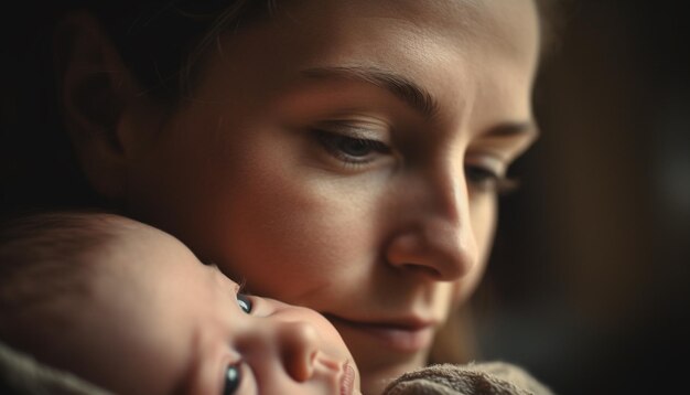 Foto madre che abbraccia il legame familiare del figlio neonato all'interno della casa generato dall'intelligenza artificiale