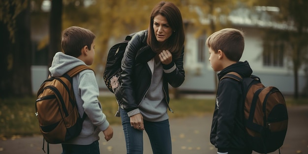 学校に行くのを嫌がる男の子を励ます母親