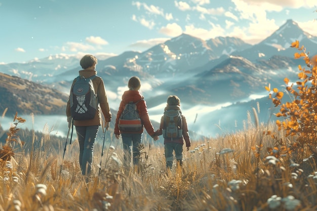 Mother enjoying a morning hike with her family oct