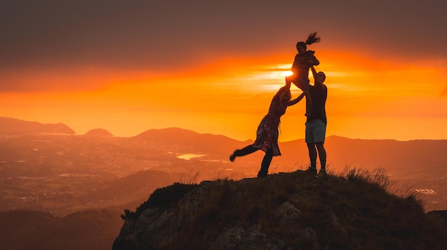 Mother and father next to his son in a beautiful sunset in the mountain