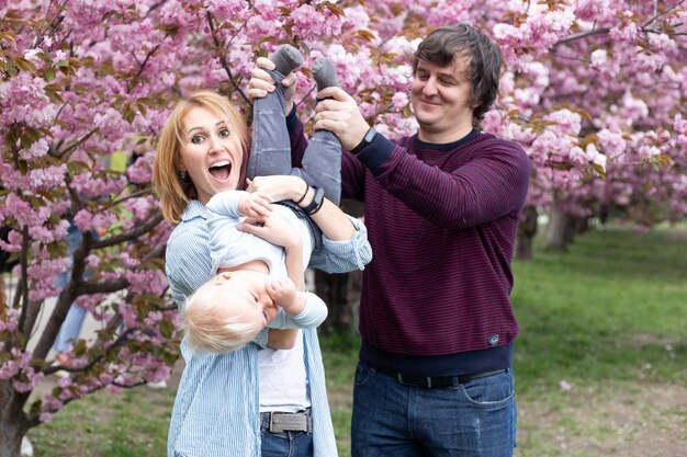 Mother father and little baby boy son having fun in spring park near pink sakura blooming tree Spring concept