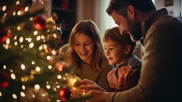 母と子はクリスマスの準備を共にしています